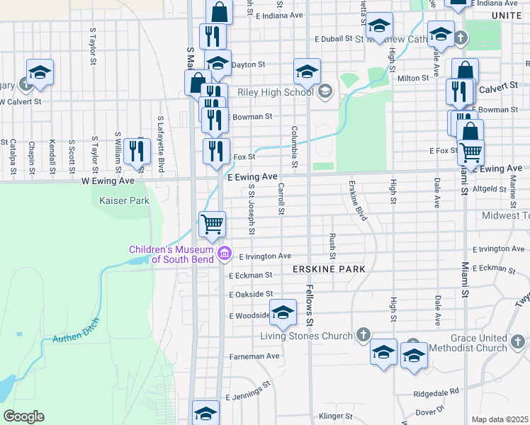 map of restaurants, bars, coffee shops, grocery stores, and more near 217 East Victoria Street in South Bend