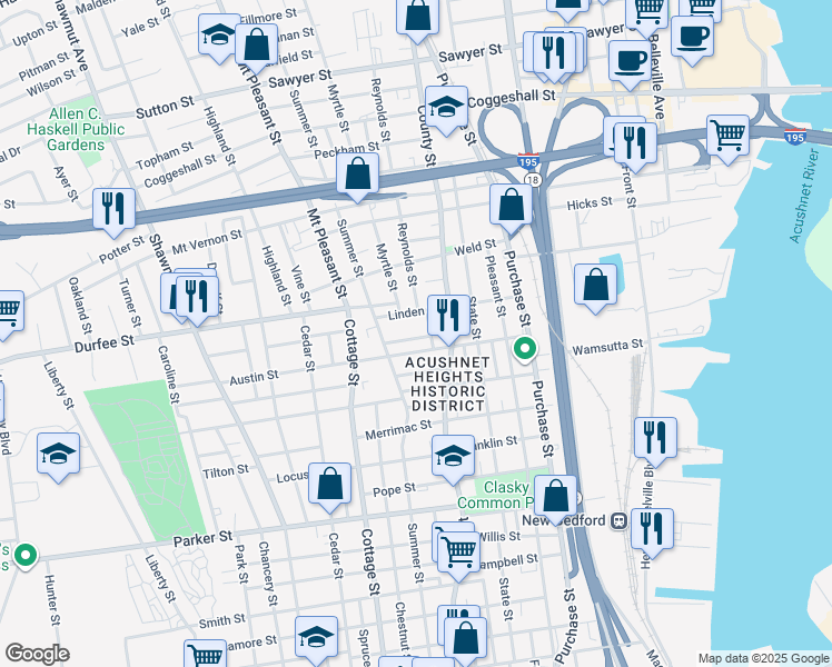 map of restaurants, bars, coffee shops, grocery stores, and more near 21 Ashland Place in New Bedford