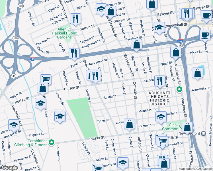 map of restaurants, bars, coffee shops, grocery stores, and more near 38 Bullock Street in New Bedford