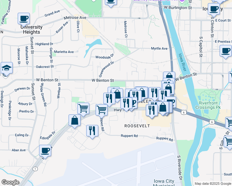 map of restaurants, bars, coffee shops, grocery stores, and more near 615 W Benton St in Iowa City