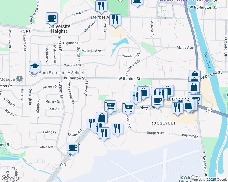 map of restaurants, bars, coffee shops, grocery stores, and more near 28 Harlocke Place in Iowa City