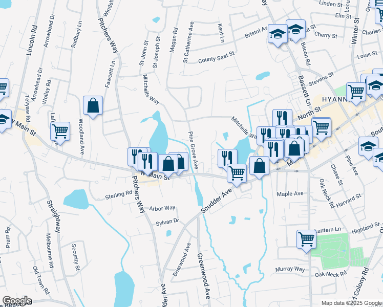 map of restaurants, bars, coffee shops, grocery stores, and more near 45 Pine Grove Avenue in Barnstable