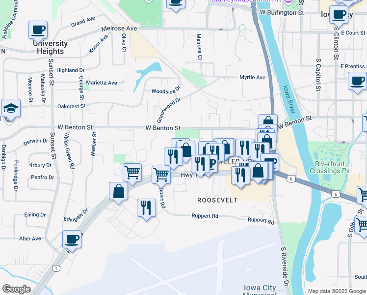 map of restaurants, bars, coffee shops, grocery stores, and more near 101 Prairie Hill Lane in Iowa City