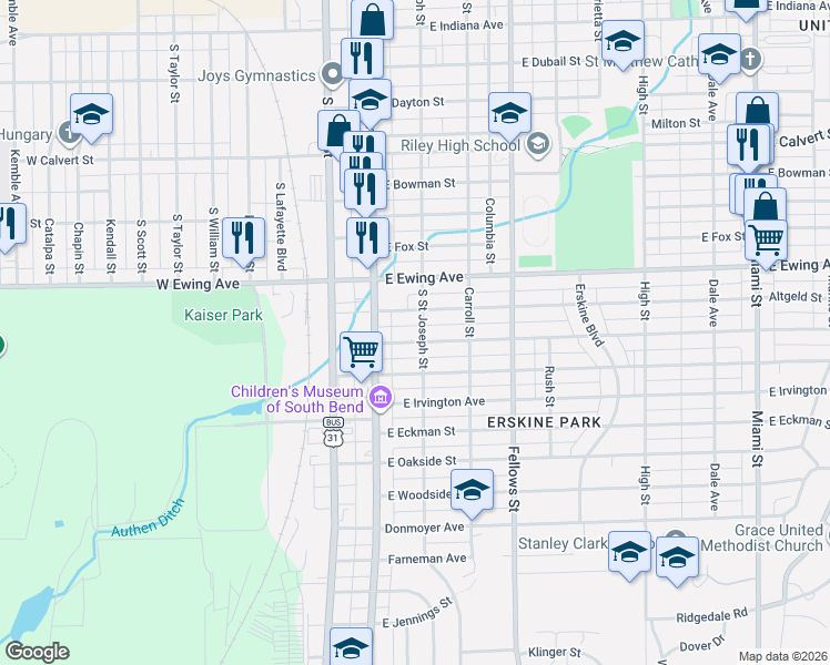 map of restaurants, bars, coffee shops, grocery stores, and more near 123 East Victoria Street in South Bend