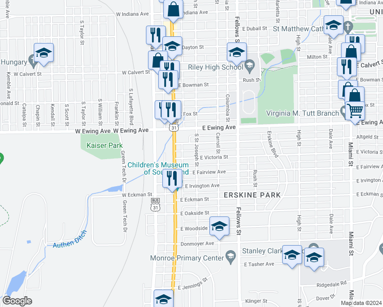 map of restaurants, bars, coffee shops, grocery stores, and more near 123 East Victoria Street in South Bend