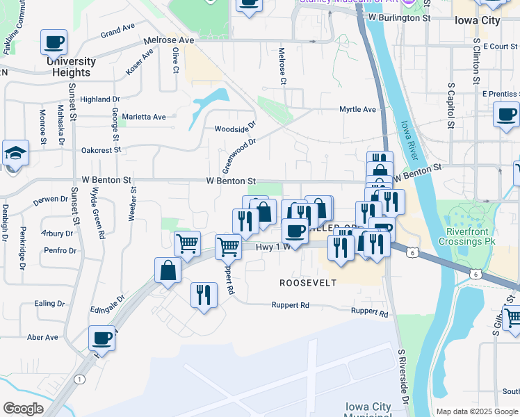 map of restaurants, bars, coffee shops, grocery stores, and more near 101 Prairie Hill Lane in Iowa City