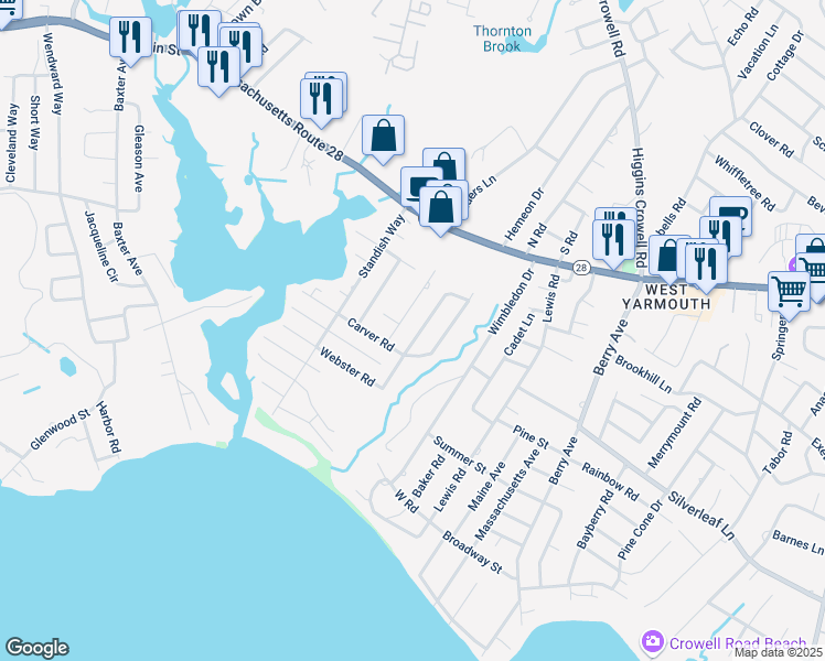 map of restaurants, bars, coffee shops, grocery stores, and more near 85 Tanglewood Drive in Yarmouth