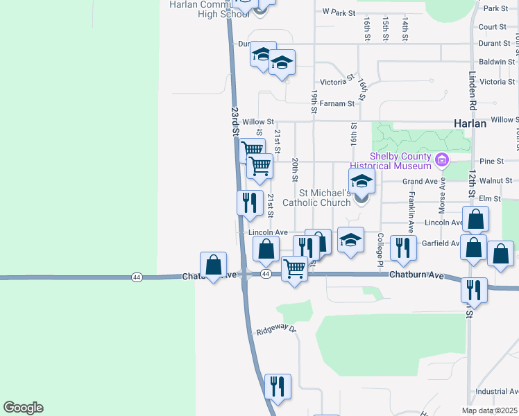 map of restaurants, bars, coffee shops, grocery stores, and more near 2010 23rd Street in Harlan