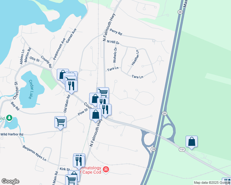 map of restaurants, bars, coffee shops, grocery stores, and more near 14 Pebble Lane in Falmouth