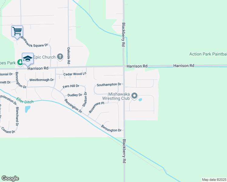 map of restaurants, bars, coffee shops, grocery stores, and more near 4051 Stonegate Drive in Mishawaka