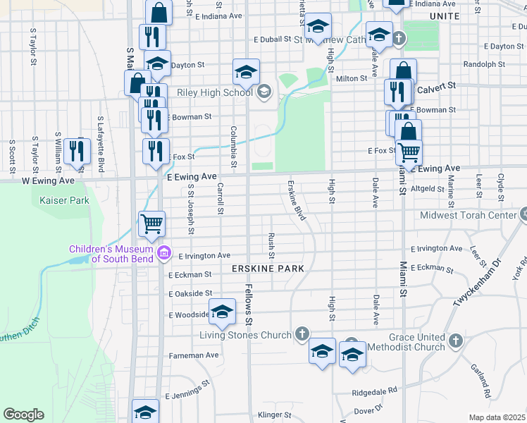 map of restaurants, bars, coffee shops, grocery stores, and more near 521 East Victoria Street in South Bend