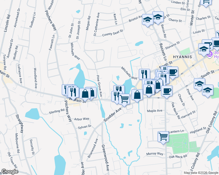 map of restaurants, bars, coffee shops, grocery stores, and more near 44 Bettys Pond Road in Barnstable