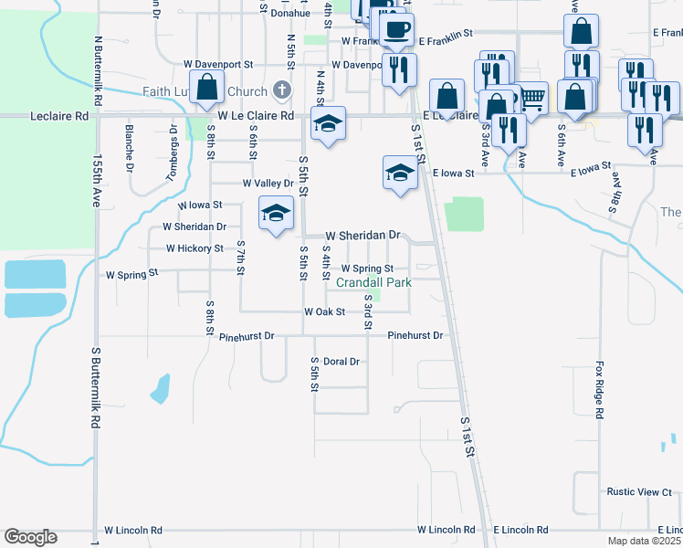 map of restaurants, bars, coffee shops, grocery stores, and more near 317 West Spring Street in Eldridge