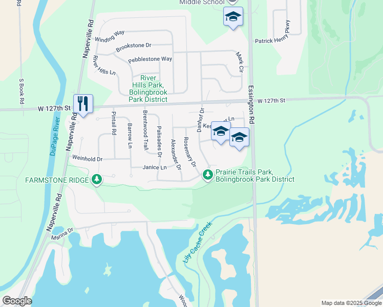 map of restaurants, bars, coffee shops, grocery stores, and more near 1346 Rosemary Drive in Bolingbrook