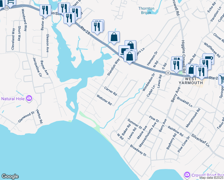 map of restaurants, bars, coffee shops, grocery stores, and more near 50 Carver Road in Yarmouth