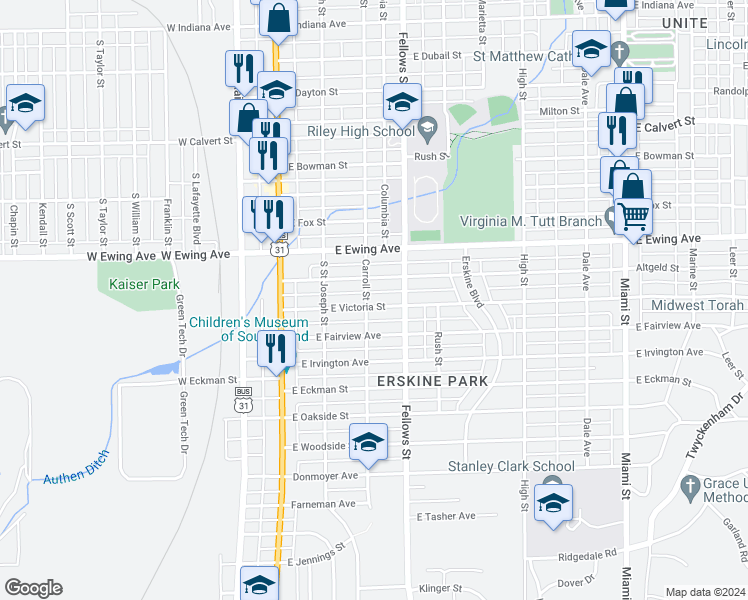 map of restaurants, bars, coffee shops, grocery stores, and more near 305 East Victoria Street in South Bend