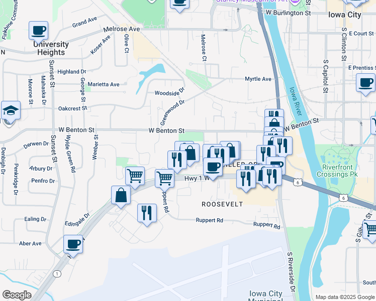 map of restaurants, bars, coffee shops, grocery stores, and more near 103 Prairie Hill Lane in Iowa City