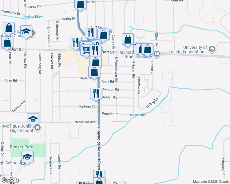 map of restaurants, bars, coffee shops, grocery stores, and more near 5101 Brandon Road in Toledo