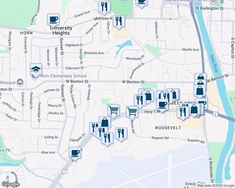 map of restaurants, bars, coffee shops, grocery stores, and more near 28 Harlocke Place in Iowa City