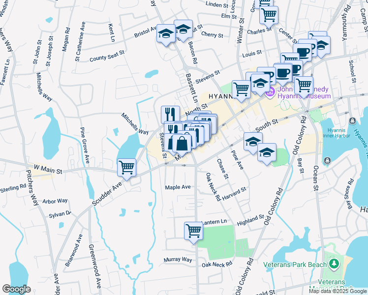 map of restaurants, bars, coffee shops, grocery stores, and more near 640 Main Street in Barnstable