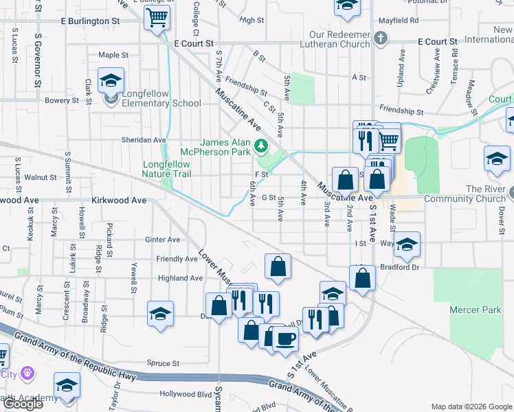 map of restaurants, bars, coffee shops, grocery stores, and more near 1012 6th Avenue in Iowa City