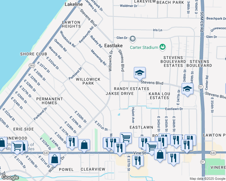 map of restaurants, bars, coffee shops, grocery stores, and more near 1244 Jakse Drive in Eastlake