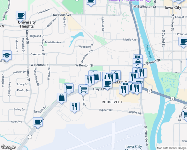 map of restaurants, bars, coffee shops, grocery stores, and more near 109 Prairie Hill Lane in Iowa City