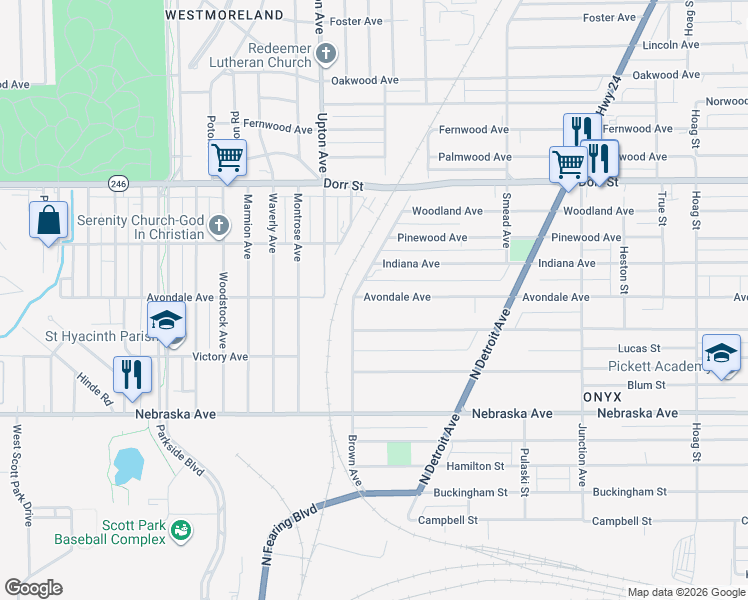 map of restaurants, bars, coffee shops, grocery stores, and more near 1701 Avondale Avenue in Toledo
