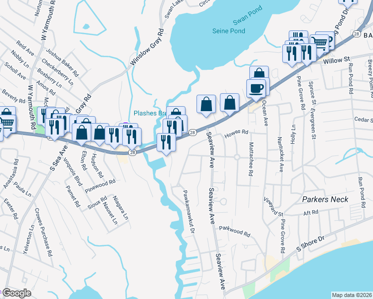 map of restaurants, bars, coffee shops, grocery stores, and more near 23 Pawkannawkut Drive in Yarmouth