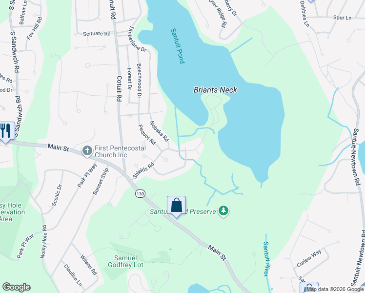 map of restaurants, bars, coffee shops, grocery stores, and more near 70 Shields Road in Mashpee