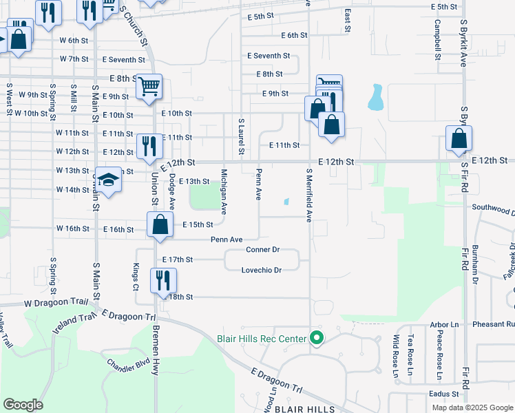 map of restaurants, bars, coffee shops, grocery stores, and more near 1317 Penn Avenue in Mishawaka