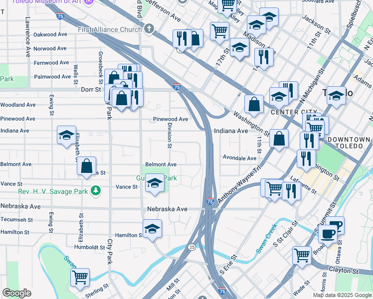 map of restaurants, bars, coffee shops, grocery stores, and more near 376 Avondale Avenue in Toledo