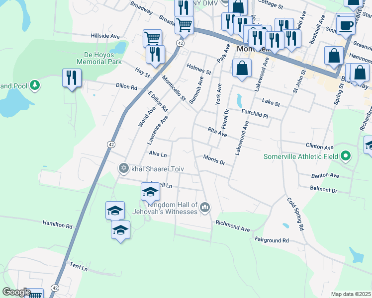 map of restaurants, bars, coffee shops, grocery stores, and more near 10 Cedar Park in Monticello