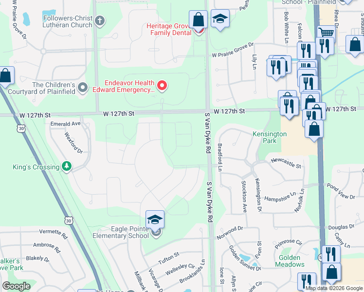 map of restaurants, bars, coffee shops, grocery stores, and more near 12700-12862 South Van Dyke Road in Plainfield