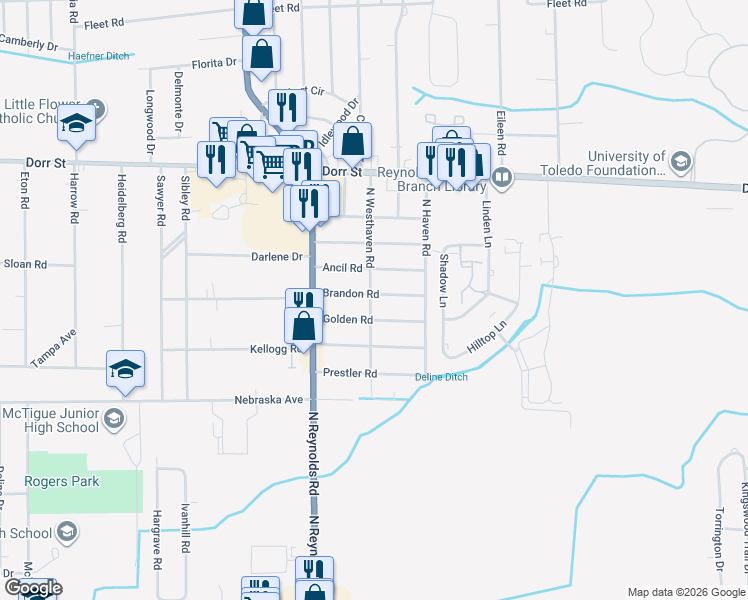 map of restaurants, bars, coffee shops, grocery stores, and more near 5101 Brandon Road in Toledo