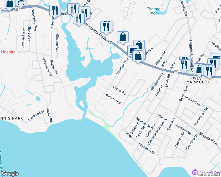 map of restaurants, bars, coffee shops, grocery stores, and more near 74 Standish Way in Yarmouth