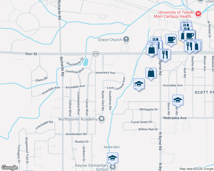 map of restaurants, bars, coffee shops, grocery stores, and more near 3836 Loch Lomond Avenue in Toledo