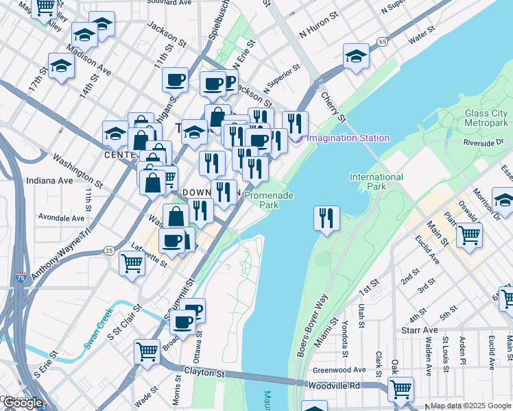 map of restaurants, bars, coffee shops, grocery stores, and more near 300 Water Street in Toledo
