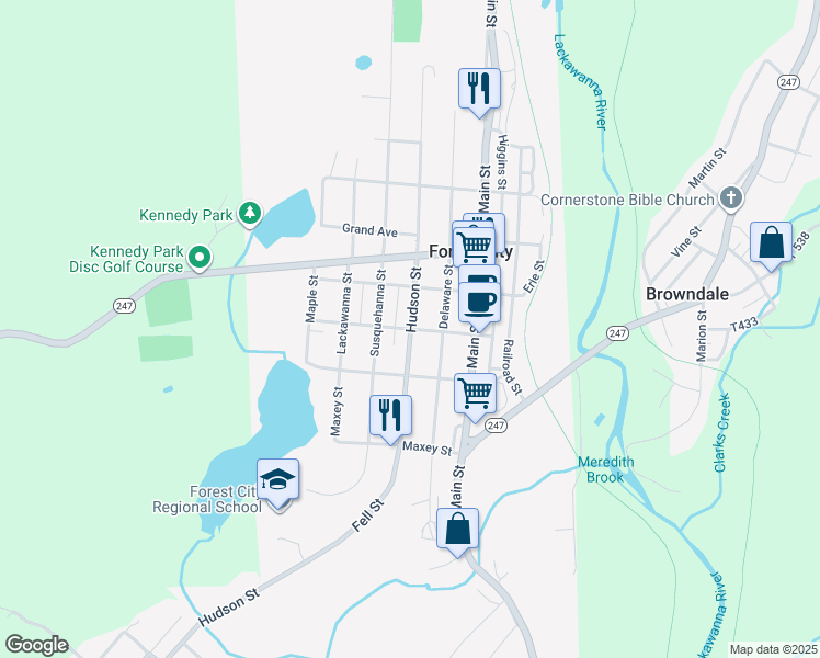 map of restaurants, bars, coffee shops, grocery stores, and more near 101 Depot Street in Forest City