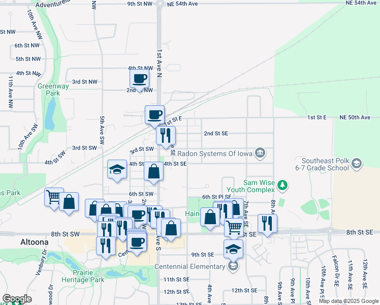 map of restaurants, bars, coffee shops, grocery stores, and more near 300 3rd Street Southwest in Altoona