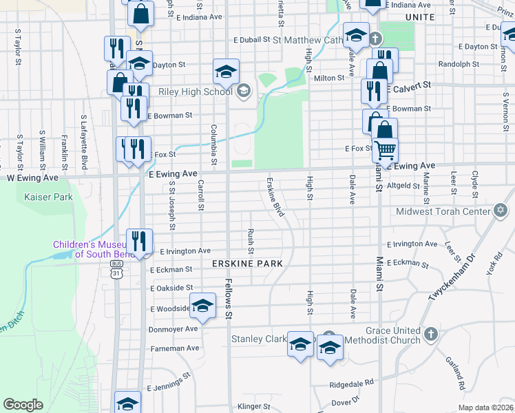 map of restaurants, bars, coffee shops, grocery stores, and more near 605-609 East Victoria Street in South Bend