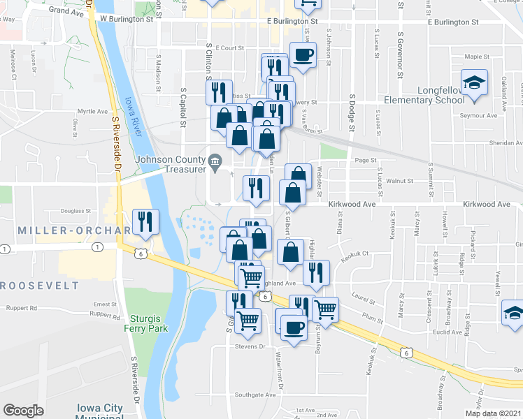 map of restaurants, bars, coffee shops, grocery stores, and more near 301 Kirkwood Avenue in Iowa City