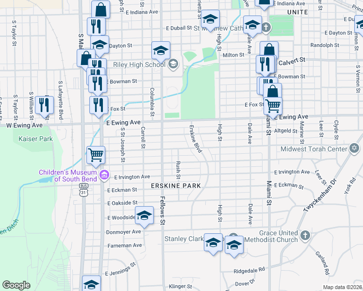 map of restaurants, bars, coffee shops, grocery stores, and more near 605 East Victoria Street in South Bend