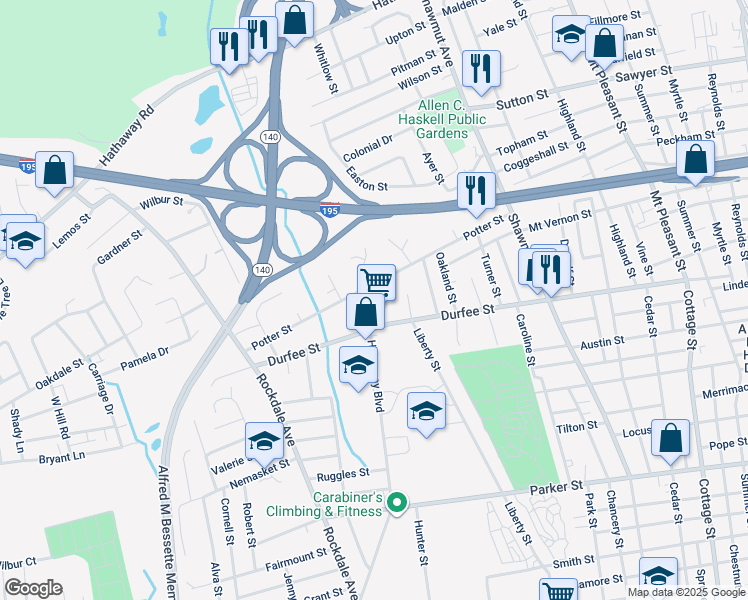 map of restaurants, bars, coffee shops, grocery stores, and more near 340 Hathaway Boulevard in New Bedford