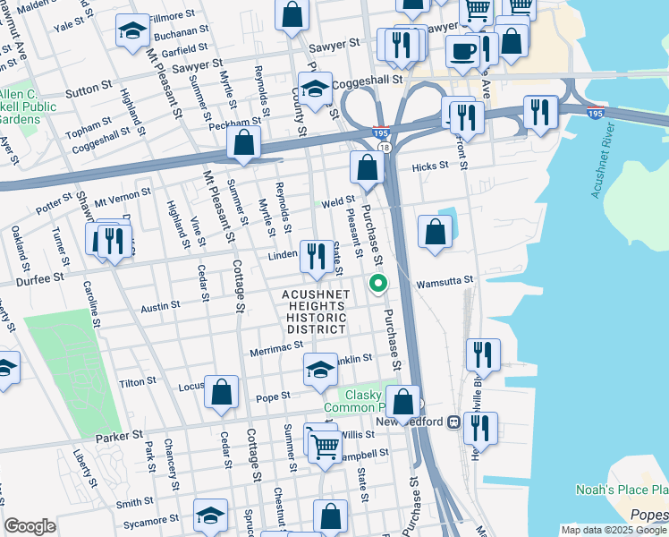 map of restaurants, bars, coffee shops, grocery stores, and more near 45-49 Austin Street in New Bedford