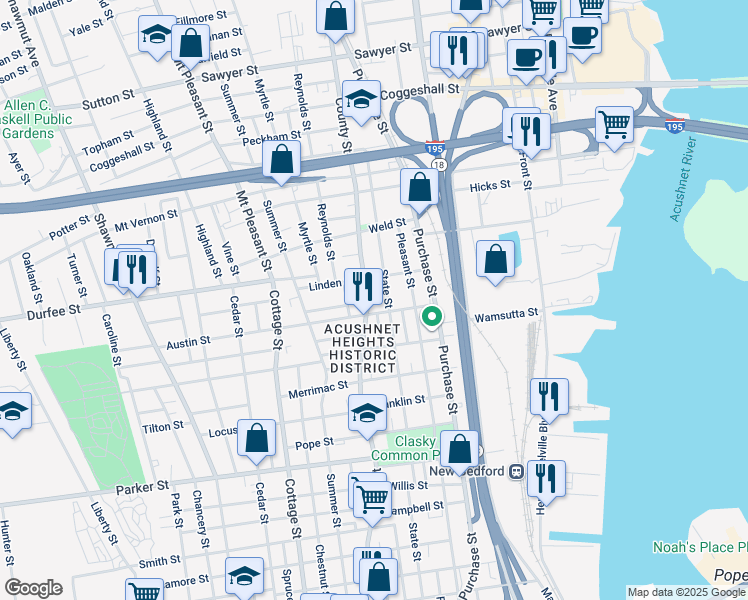 map of restaurants, bars, coffee shops, grocery stores, and more near 85R Austin Street in New Bedford