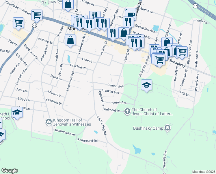 map of restaurants, bars, coffee shops, grocery stores, and more near 48 Franklin Avenue in Monticello