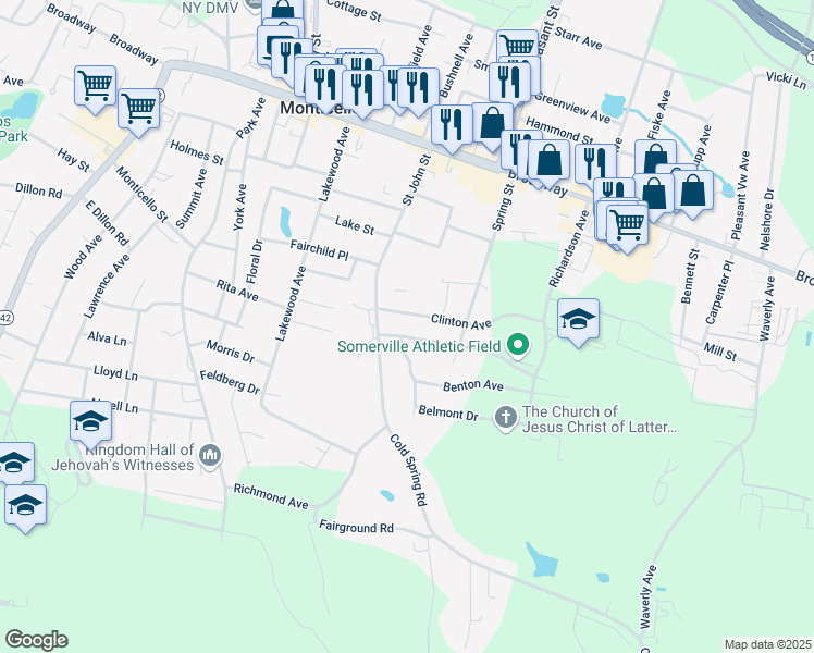 map of restaurants, bars, coffee shops, grocery stores, and more near 83 East Cold Spring Road in Monticello