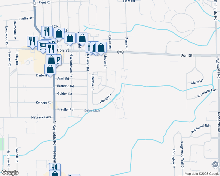 map of restaurants, bars, coffee shops, grocery stores, and more near 821 Hilltop Lane in Toledo