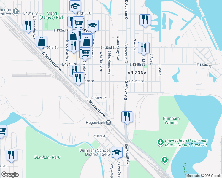 map of restaurants, bars, coffee shops, grocery stores, and more near 13539 South Mackinaw Avenue in Chicago
